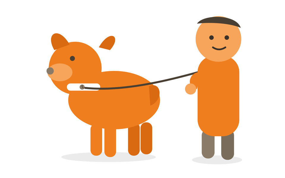 Flat illustration of a person walking a dog on a leash, in the app's Organic design system style